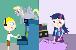 Size: 1024x669 | Tagged: safe, artist:04startycornonline88, imported from derpibooru, derpy hooves, twilight sparkle, human, pegasus, pony, arcade, clothes, crossover, equestria girls outfit, game, headphones, humanized, spongebob squarepants