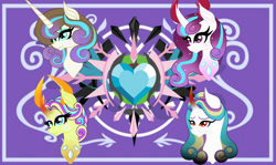 Size: 2010x1200 | Tagged: safe, artist:owocrystalcatowo, imported from derpibooru, oc, oc only, oc:rose heart, oc:shy heart, oc:sky heart, oc:sweet heart, changepony, bust, cousins, female, half-siblings, mare, parent:king sombra, parent:oc:crystal heart, parent:pound cake, parent:princess flurry heart, parent:thorax, parents:poundflurry, portrait