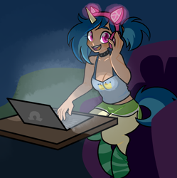Size: 1675x1681 | Tagged: safe, artist:/d/non, imported from derpibooru, oc, oc only, oc:dee, satyr, cat ears, cat headphones, choker, clothes, computer, female, glow, glowing, headphones, laptop computer, parent:vinyl scratch, socks, solo, striped socks