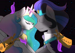 Size: 8598x6047 | Tagged: safe, artist:lettelauren, idw, imported from derpibooru, king sombra, princess celestia, absurd resolution, celestibra, embrace, eyes closed, female, good king sombra, male, shipping, straight