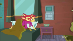 Size: 1024x576 | Tagged: safe, imported from derpibooru, screencap, sunset shimmer, eqg summertime shorts, equestria girls, monday blues, clothes, feet, female, pajamas, solo, sunset's apartment