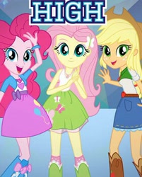 Size: 281x349 | Tagged: safe, imported from derpibooru, applejack, fluttershy, pinkie pie, equestria girls, spoiler:eqg specials, boots, bracelet, clothes, cowboy hat, cropped, denim skirt, geode of fauna, geode of sugar bombs, geode of super strength, hat, high, high heel boots, jewelry, meme, shirt, shoes, skirt, stetson, tales of canterlot high, tanktop, wow! glimmer