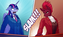 Size: 2250x1350 | Tagged: safe, artist:mykegreywolf, imported from derpibooru, fizzlepop berrytwist, tempest shadow, twilight sparkle, alicorn, anthro, unicorn, my little pony: the movie, ace attorney, broken horn, clothes, crossover, eye scar, female, mare, miles edgeworth, open mouth, phoenix wright, scar, suit, surprised, twilight sparkle (alicorn)