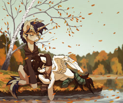 Size: 1931x1610 | Tagged: safe, artist:koviry, imported from derpibooru, oc, oc only, oc:aurora, oc:silurian trace, pegasus, pony, unicorn, autumn, clothes, commission, female, male, mare, relaxing, scarf, scenery, socks, stallion, striped socks, tree, water