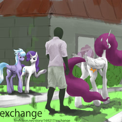 Size: 2000x2000 | Tagged: safe, artist:xxkrutoy, imported from derpibooru, cloudchaser, pinkie pie, princess celestia, rarity, oc, oc:anon, alicorn, earth pony, human, pegasus, pony, unicorn, fanfic:exchange, fanfic, fanfic art, female, human male, male, mare, pink-mane celestia, raised hoof, sketch