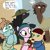 Size: 1800x1800 | Tagged: safe, artist:pony quarantine, imported from derpibooru, earth pony, pegasus, pony, unicorn, >:3, baby, bandana, bill the bastard, blushing, braid, brodie helmet, building, chocolate, clothes, colt, female, filly, food, happy, hat, helmet, male, mare, midnight, midnight (horse), robe, shirt, simple background, southern equestria, squint, stallion, warpone
