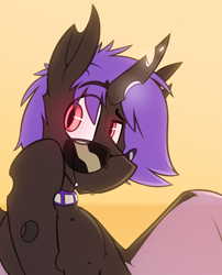 Size: 1410x1744 | Tagged: safe, artist:ralek, imported from derpibooru, oc, oc only, oc:darkpony, changeling, bust, collar, fangs, glasses, glowing horn, gradient background, purple changeling, solo