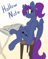 Size: 3168x3918 | Tagged: safe, artist:ralek, imported from derpibooru, oc, oc only, oc:hollownote, pegasus, pony, bench, gradient background, looking back, musical instrument, ponytail, solo, xylophone