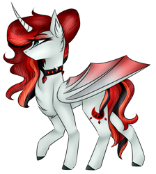 Size: 799x892 | Tagged: safe, artist:apocalypticaether, imported from derpibooru, oc, oc only, oc:scarred moon, alicorn, pony, bat wings, curved horn, female, mare, raised hoof, simple background, solo, transparent background