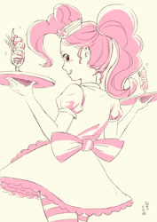Size: 1000x1414 | Tagged: safe, artist:yanamosuda, imported from derpibooru, pinkie pie, coinky-dink world, eqg summertime shorts, equestria girls, female, food, monochrome, server pinkie pie, solo, sundae, tray