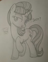 Size: 1617x2048 | Tagged: safe, artist:kalyandra, imported from derpibooru, starlight glimmer, pony, unicorn, alcohol, dialogue, female, glass, monochrome, sketch, solo, traditional art