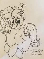 Size: 919x1245 | Tagged: safe, artist:sydneypaullet, imported from derpibooru, starlight glimmer, pony, unicorn, beanie, female, glowing horn, hat, lying down, monochrome, prone, solo, traditional art