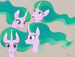 Size: 1500x1154 | Tagged: safe, artist:divlight, imported from derpibooru, mistmane, pony, unicorn, campfire tales, bust, curved horn, ethereal mane, female, mare, portrait, self ponidox, tan background