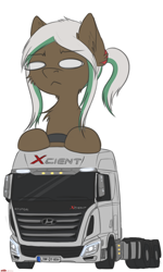 Size: 2460x4100 | Tagged: safe, artist:orang111, imported from derpibooru, oc, oc only, oc:lynn, pegasus, pony, clip studio paint, deformed, doodle, hyundai, hyundai xcient, ponytail, semi truck, simple background, solo, truck, tumblr