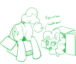 Size: 1200x1000 | Tagged: safe, artist:passigcamel, imported from derpibooru, pinkie pie, earth pony, pony, box, dialogue, female, looking at you, mare, monochrome, now you're thinking with portals, portal, simple background, sketch, solo, white background