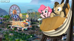 Size: 3814x2145 | Tagged: safe, artist:goatcanon, imported from derpibooru, doctor whooves, pinkie pie, time turner, 3d, amusement park, fanart mashup challenge, roller coaster, source filmmaker