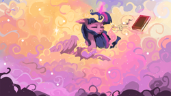 Size: 1920x1080 | Tagged: safe, artist:hierozaki, imported from derpibooru, twilight sparkle, alicorn, pony, book, cloud, eyes closed, female, magic, smiling, solo, telekinesis, tongue out, twilight sparkle (alicorn), wallpaper