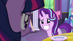 Size: 1280x720 | Tagged: safe, imported from derpibooru, screencap, starlight glimmer, twilight sparkle, alicorn, pony, unicorn, no second prances, cute, duo, duo female, female, glimmerbetes, grin, looking at each other, mare, smiling, twilight sparkle (alicorn)