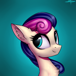 Size: 3000x3000 | Tagged: safe, artist:setharu, imported from derpibooru, bon bon, sweetie drops, earth pony, pony, adorabon, bust, chest fluff, cute, ear fluff, female, gradient background, looking back, mare, portrait, smiling, solo