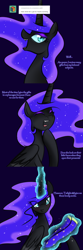 Size: 750x2250 | Tagged: safe, artist:cosmalumi, artist:its-gloomy, imported from derpibooru, nightmare moon, alicorn, pony, tumblr:ask queen moon, ask, blushing, clothes, comic, nicemare moon, socks, solo, tumblr