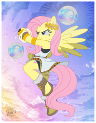 Size: 1266x1624 | Tagged: safe, artist:twifight-sparkill, imported from derpibooru, fluttershy, pegasus, pony, semi-anthro, armlet, badass, bracelet, clothes, cloud, cosplay, costume, crossover, crown, female, flutterbadass, hair ornament, jewelry, kid icarus, kid icarus: uprising, laurel wreath, legwear, nintendo, orbitars, pit (kid icarus), regalia, solo, toga