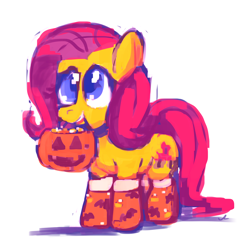 Size: 1500x1500 | Tagged: safe, artist:docwario, imported from derpibooru, fluttershy, pegasus, pony, clothes, cute, female, halloween, holiday, jack-o-lantern, mouth hold, pumpkin, pumpkin bucket, simple background, socks, solo, white background