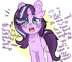 Size: 1796x1536 | Tagged: safe, artist:mauderatelife, artist:segen360, imported from derpibooru, starlight glimmer, pony, unicorn, tumblr:a mauderate life, blushing, cute, dialogue, ear fluff, emoticon, female, glimmerbetes, heart, heart eyes, looking at you, mare, smiling, solo, sweat, sweatdrops, wingding eyes