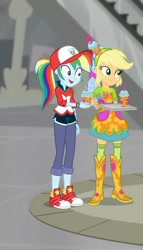 Size: 427x747 | Tagged: safe, imported from derpibooru, screencap, applejack, rainbow dash, eqg summertime shorts, equestria girls, good vibes, boots, cap, clothes, converse, cropped, drink, female, hat, pants, shoes, skirt, smiling, sneakers, zettai ryouiki