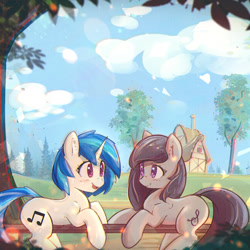 Size: 900x900 | Tagged: safe, artist:mirroredsea, imported from derpibooru, dj pon-3, octavia melody, vinyl scratch, earth pony, pony, unicorn, alternate hairstyle, backwards cutie mark, blushing, chromatic aberration, cloud, cropped, cute, duo, eye contact, featured image, female, fence, house, looking at each other, mare, missing accessory, open mouth, outdoors, prone, scenery, sky, smiling, sweet dreams fuel, tavibetes, tree, village, vinylbetes