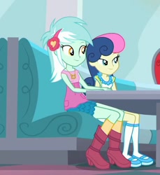 Size: 711x776 | Tagged: safe, imported from derpibooru, screencap, bon bon, lyra heartstrings, sweetie drops, coinky-dink world, eqg summertime shorts, equestria girls, boots, clothes, cropped, shoes, skirt, smiling, socks