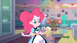 Size: 1024x576 | Tagged: safe, imported from derpibooru, screencap, mr. waddle, pearly stitch, pinkie pie, coinky-dink world, eqg summertime shorts, equestria girls, milkshake, server pinkie pie, solo focus