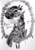 Size: 2301x3242 | Tagged: safe, artist:brainiac, imported from derpibooru, oc, oc only, oc:blackjack, cyborg, pony, unicorn, fallout equestria, fallout equestria: project horizons, black and white, chest fluff, clothes, collar, compact horn, feather, female, floppy ears, floral head wreath, flower, gem, grayscale, mare, monochrome, robot legs, rose, solo, text, traditional art
