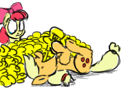 Size: 1224x908 | Tagged: safe, artist:charlemage, artist:jimmyjamno1, imported from derpibooru, apple bloom, applejack, earth pony, pony, crying, dishonorapple, female, filly, food, mare, mustard, on back, sauce, silly, silly pony, wat