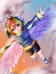 Size: 1200x1600 | Tagged: safe, artist:wolfchen999, imported from derpibooru, rainbow dash, human, anime style, clothes, cloud, converse, eared humanization, female, humanized, looking at you, multicolored hair, shoes, shorts, sky, smiling, socks, solo, winged humanization, wings