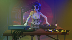 Size: 1920x1080 | Tagged: safe, artist:stellarator, imported from derpibooru, part of a set, dj pon-3, vinyl scratch, anthro, unguligrade anthro, unicorn, 3d, blender, cargo shorts, clothes, concert, cycles render, female, light show, music, not sfm, performance, photos, record player, records, solo, speaker, speakers, tanktop, turntable