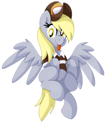 Size: 1663x1920 | Tagged: safe, artist:pearlyiridescence, imported from derpibooru, derpy hooves, pegasus, pony, :p, clothes, cute, derpabetes, featureless crotch, female, flying, hat, mailmare, mare, shirt, simple background, solo, spread wings, tongue out, transparent background, wings