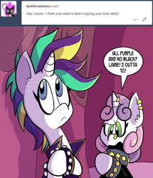 Size: 576x670 | Tagged: safe, artist:pembroke, imported from derpibooru, rarity, sweetie belle, pony, unicorn, alternate hairstyle, ear piercing, earring, female, filly, jewelry, mare, meanie belle, mohawk, piercing, pitfall rarity, punk, raripunk, tumblr