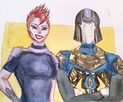 Size: 1242x1029 | Tagged: safe, artist:zer0gray, imported from derpibooru, tempest shadow, oc, oc:changeling commander, human, my little pony: the movie, humanized, traditional art