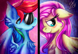 Size: 1024x716 | Tagged: safe, artist:ebonyinkstone, imported from derpibooru, fluttershy, rainbow dash, pegasus, pony, blushing, color porn, female, floppy ears, mare, smiling, sunglasses