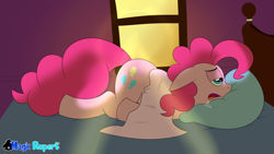 Size: 2560x1440 | Tagged: safe, artist:rupertbluefox, imported from derpibooru, pinkie pie, series:30 dayz of pinks, bed, blanket, drool, female, morning, solo, story included, tired, waking up