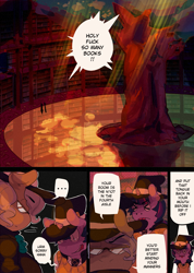 Size: 1000x1407 | Tagged: safe, artist:lumo, imported from derpibooru, mayor mare, twilight sparkle, anthro, comic:lumo's pony academy, clothes, comic, dialogue, faic, hat, library, pony academy (chapter 1), school uniform, tree, vulgar