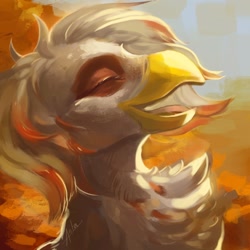 Size: 1280x1280 | Tagged: safe, artist:antanariva, imported from derpibooru, oc, oc only, oc:ingrid, anthro, griffon, bust, eyes closed, happy, portrait, solo, wind