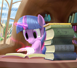 Size: 1307x1153 | Tagged: dead source, safe, artist:stratodraw, imported from derpibooru, twilight sparkle, pony, unicorn, book, bookhorse, commission, crepuscular rays, female, golden oaks library, magic, mare, ponyville, scenery, solo, telekinesis, that pony sure does love books