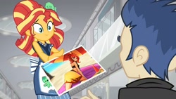 Size: 1536x864 | Tagged: safe, artist:lumineko, edit, edited screencap, editor:whatthehell!?, imported from derpibooru, screencap, flash sentry, sunset shimmer, fish, eqg summertime shorts, equestria girls, good vibes, apron, beach, bunset shimmer, clothes, duo, female, flashimmer, food, happi, humanized, japanese, male, photo, shipping, smiling, standing, straight, sunset sushi, sushi, swimsuit, uniform