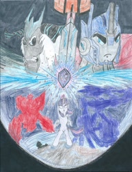 Size: 1700x2197 | Tagged: safe, artist:triforce-treasure, imported from derpibooru, storm king, tempest shadow, twilight sparkle, alicorn, pony, robot, yeti, my little pony: the movie, combiner, crossover, drift, drift (transformers), menasor, optimus prime, sideswipe, strongarm, stunticons, traditional art, transformers, transformers robots in disguise (2015), twilight sparkle (alicorn), ultrabee