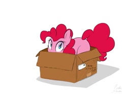 Size: 1157x852 | Tagged: safe, artist:pinkiesheen, imported from derpibooru, pinkie pie, earth pony, pony, behaving like a cat, box, cute, diapinkes, female, looking at you, mare, missing cutie mark, ponk, pony in a box, solo