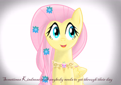 Size: 8598x6047 | Tagged: safe, artist:lettelauren, imported from derpibooru, fluttershy, pegasus, pony, absurd resolution, alternate hairstyle, bust, element of kindness, flower, flower in hair, folded wings, inspirational, portrait, quote, smiling, wings