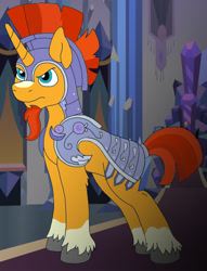 Size: 909x1189 | Tagged: safe, artist:faitheverlasting, imported from derpibooru, sunburst, pony, armor, crystal guard armor, male, missing accessory, solo, stern