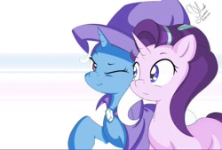 Size: 650x439 | Tagged: artist needed, source needed, useless source url, safe, imported from derpibooru, starlight glimmer, trixie, pony, unicorn, cape, chest fluff, clothes, cute, diatrixes, duo, female, hat, one eye closed, raised hoof, simple background, smiling, trixie's cape, trixie's hat, white background, wink