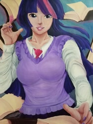 Size: 600x800 | Tagged: safe, artist:kenishra, imported from derpibooru, twilight sparkle, human, book, breasts, clothes, female, humanized, looking at you, smiling, solo, traditional art